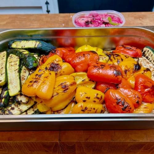 Barbecued peppers, courgettes and aubergines