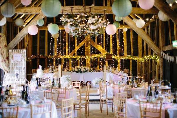 Inside the barn decorated for a wedding at Hookhouse Farm, Redhill, Surrey
