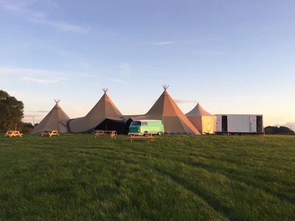 View of tipis at School House Farm, Petworth, West Sussex
